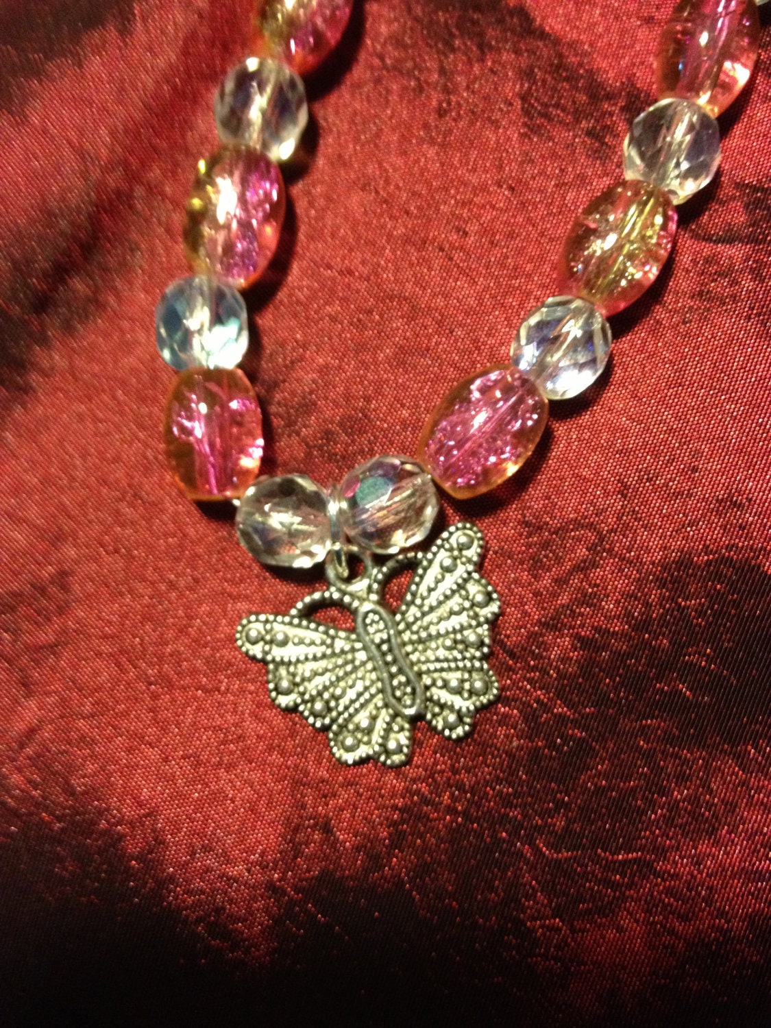Float Like a Butterfly: Handmade Child's Necklace Featuring Pink Crackle Glass Beads and a Butterfly Charm-- Sale Price