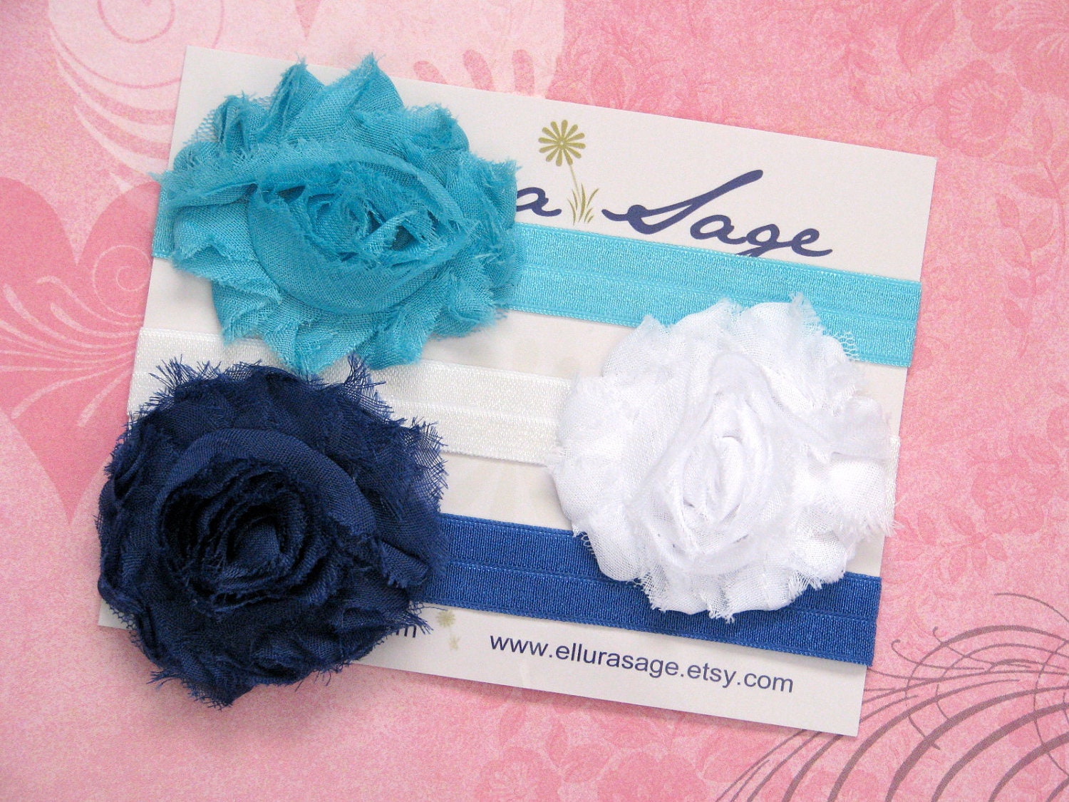 Baby Headband - BUY 3 AND SAVE - Newborn Headband - Turquoise, White, Royal Blue Shabby Chic Rosette Skinny Headband - Girl Photography Prop