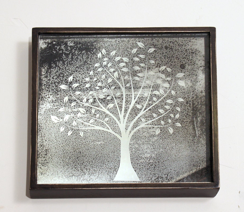 Antiqued / Distressed Mirror with Tree Silhouette 13x13 - Rustic Urban Interior Home Decor