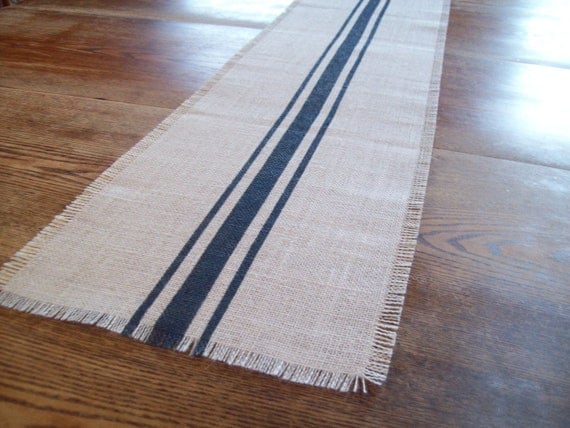 Burlap Table Runner 10 x 48 with Navy Blue Grain Sack Stripes - Other Colors Available - Beach Table Runner - Farmhouse Table Runner