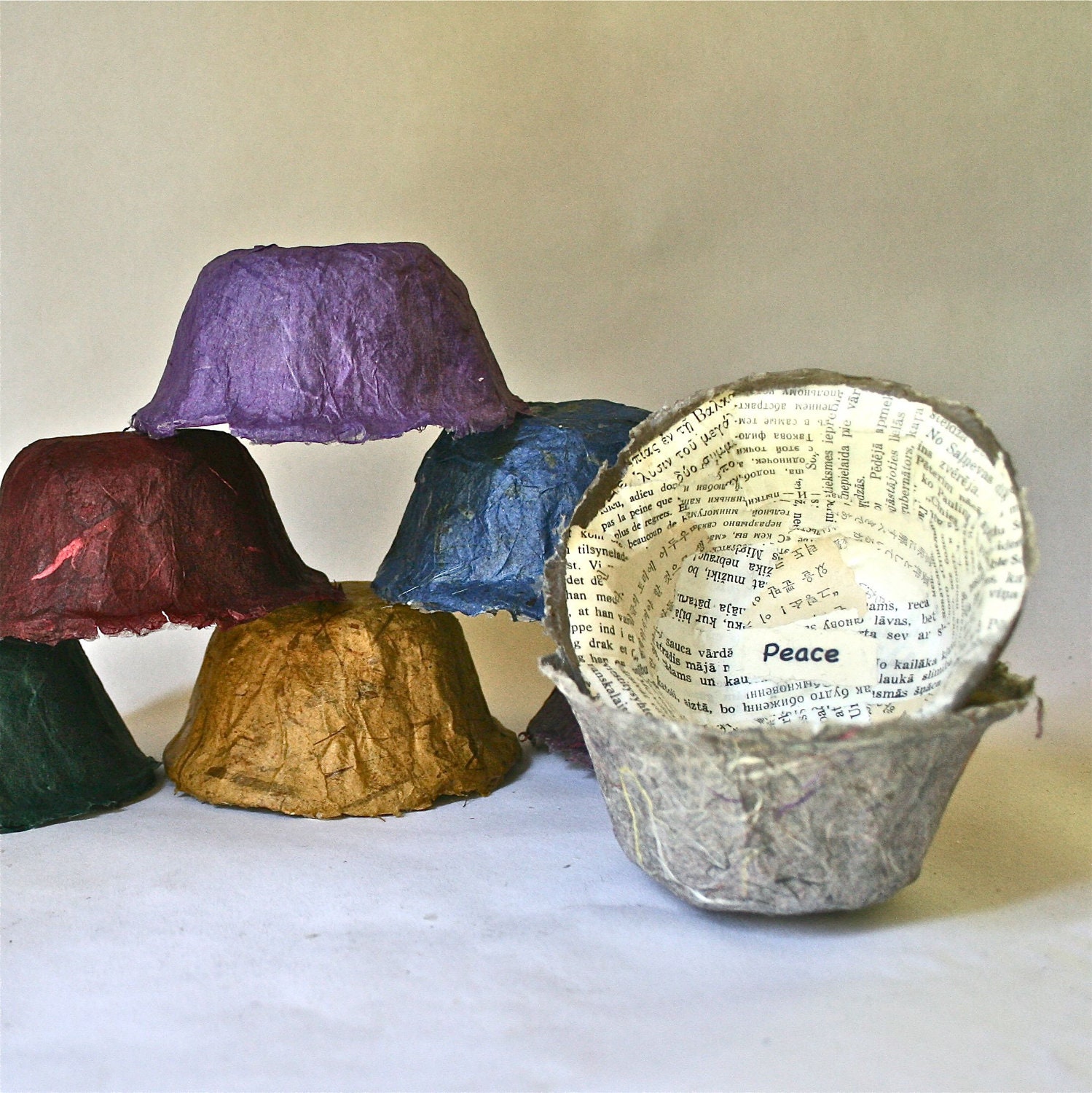 Paper Mache Bowls Handmade One of a Kind Peace Recycled Upcycled Multilingual Books for Favors Gifts