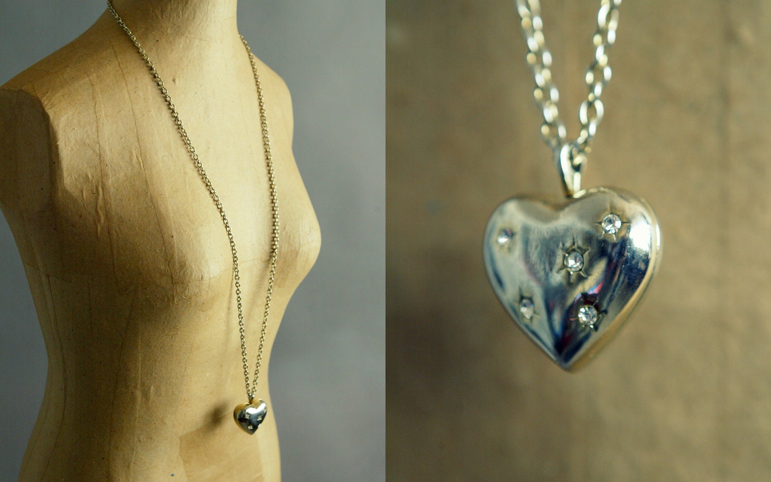 Vintage Silver Tone Heart Shaped Necklace with Rhinestone Insets
