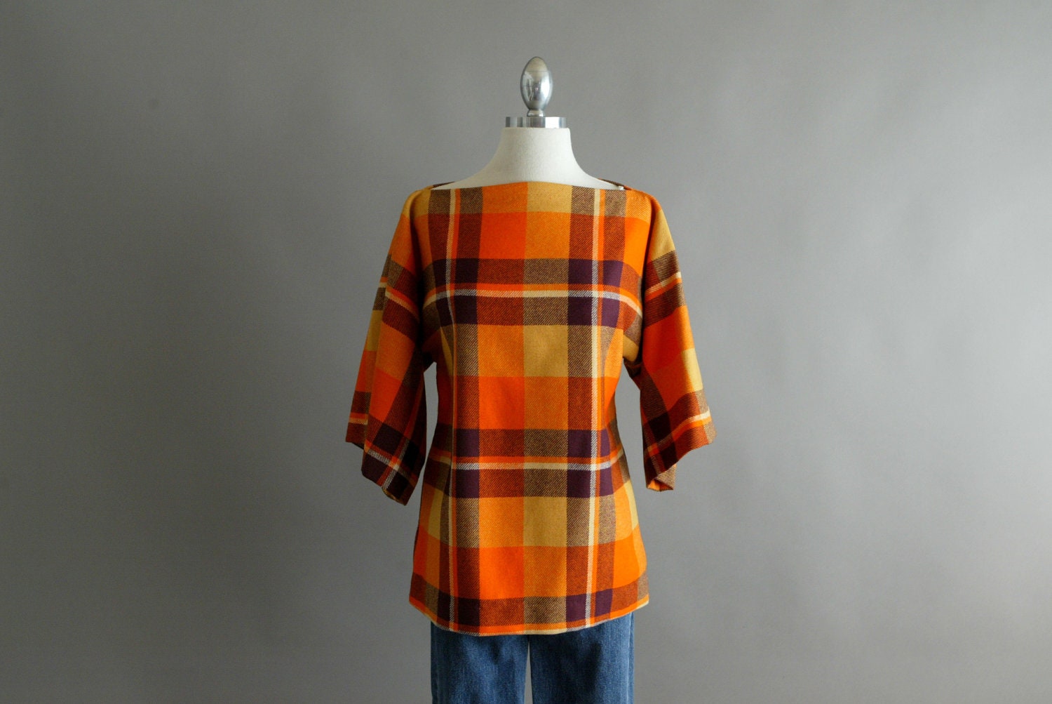 Vintage Orange Plaid Boat Neck Blouse