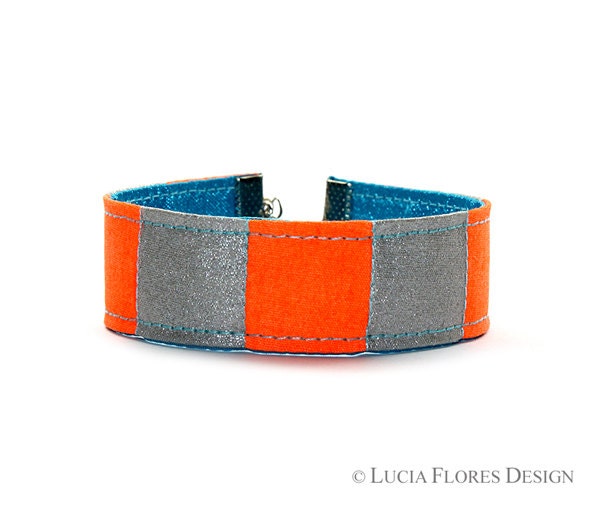 Bohemian striped Bracelet hand painted Hippie cuff Neon orange turquoise by LuciaFloresDesign