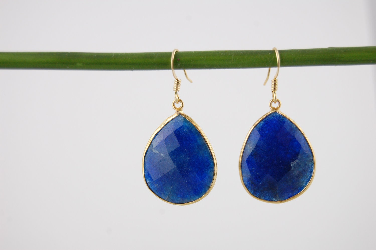 HUGE blue corundum  24 k gold vermeil sterling silver bezel set earrings