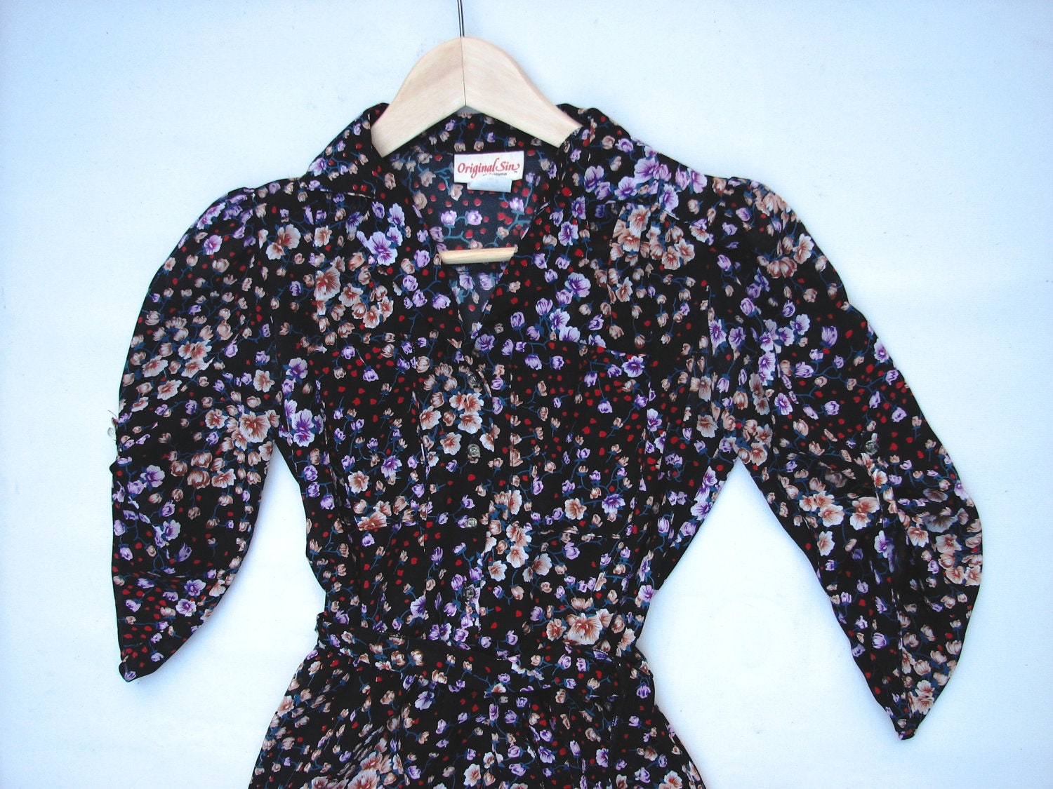 VTG 70s Original Sin of California Chiffon Floral Dress - Sz Small - Free Shipping to US