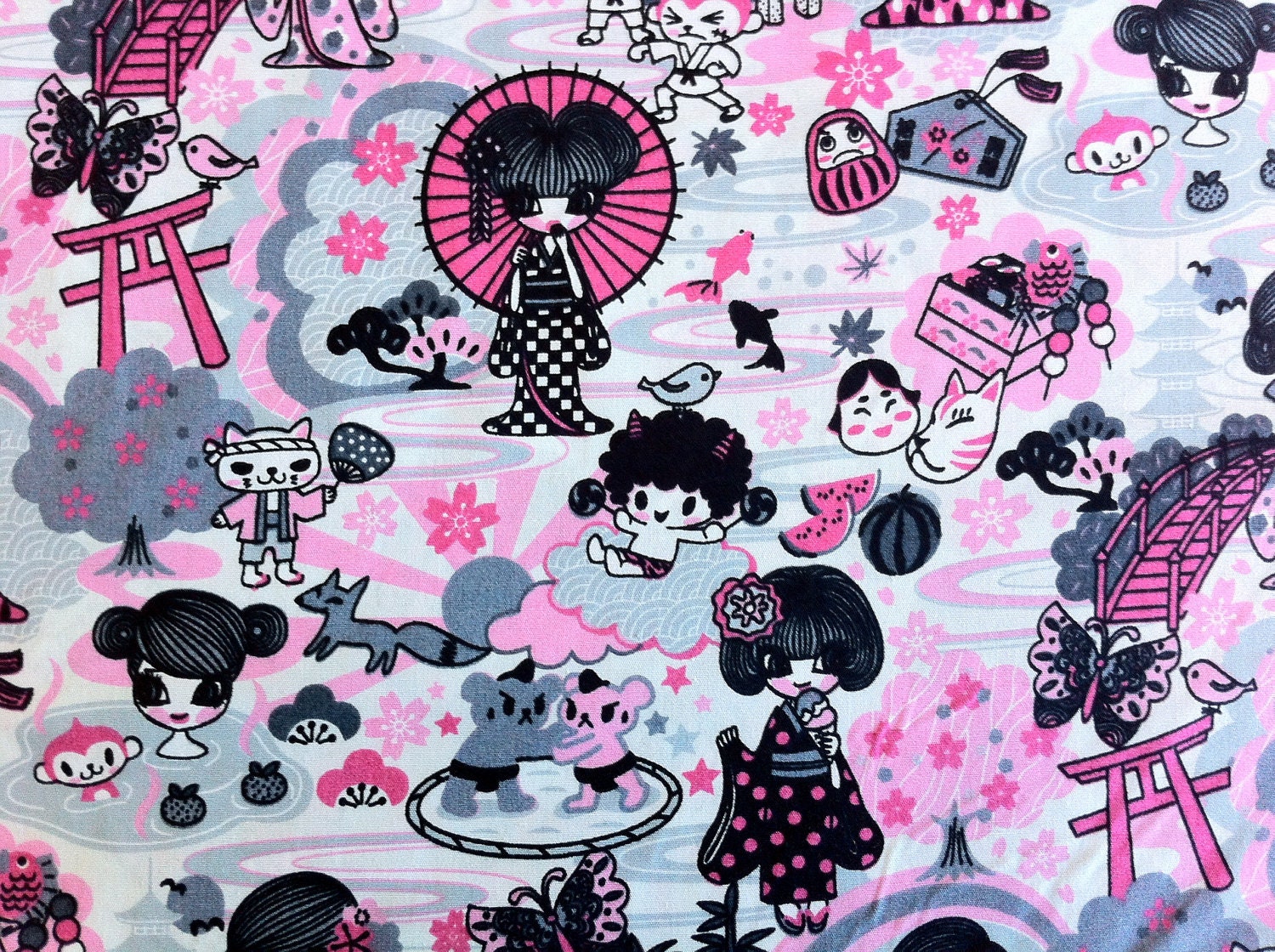 Kawaii Geisha Tomodachi Fabric in pink and gray (1 yard) BUY MORE & SAVE