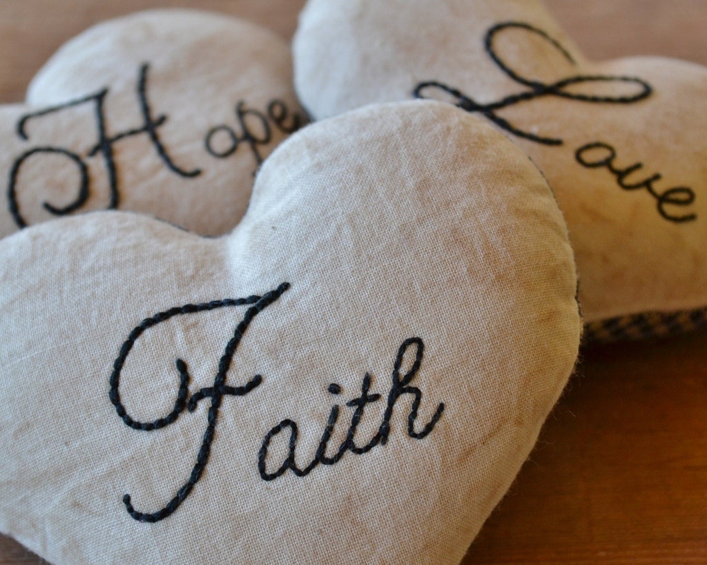 Faith, Hope, Love Heart Decorative Pillows - Bowl Fillers - Tucks - 1 Corinthians - Scripture - Primitive - Wedding - Gingham