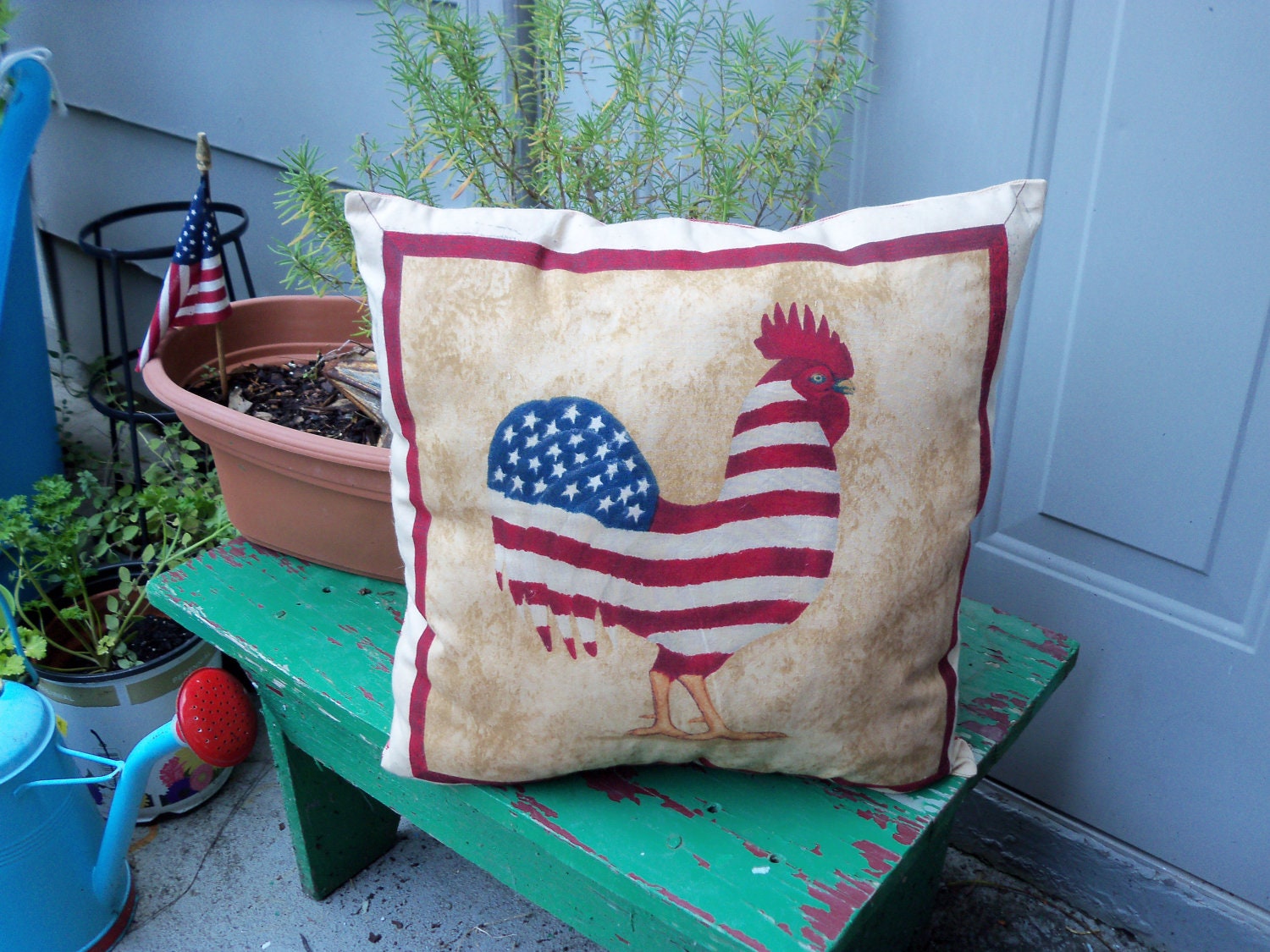 Patriotic Primitive French country Rooster flag pillow Basket Tuck
