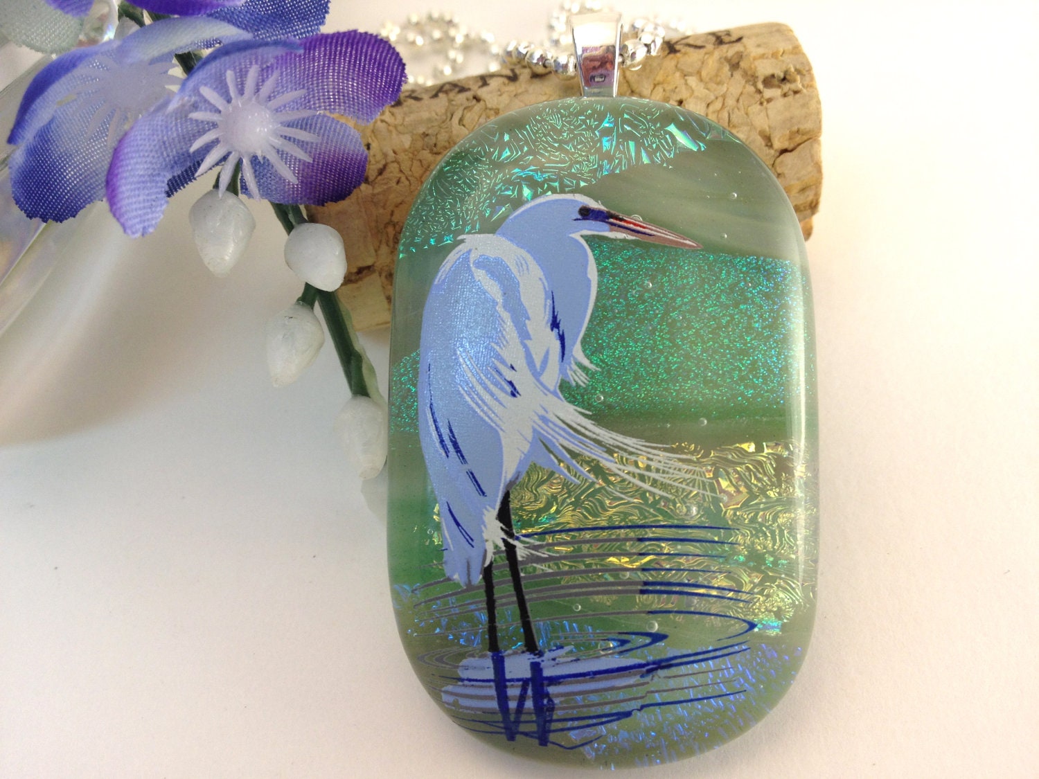 Fused Dichroic Glass Necklace Pendant White Crane in Green Gold Blue  Statement Jewelry  033
