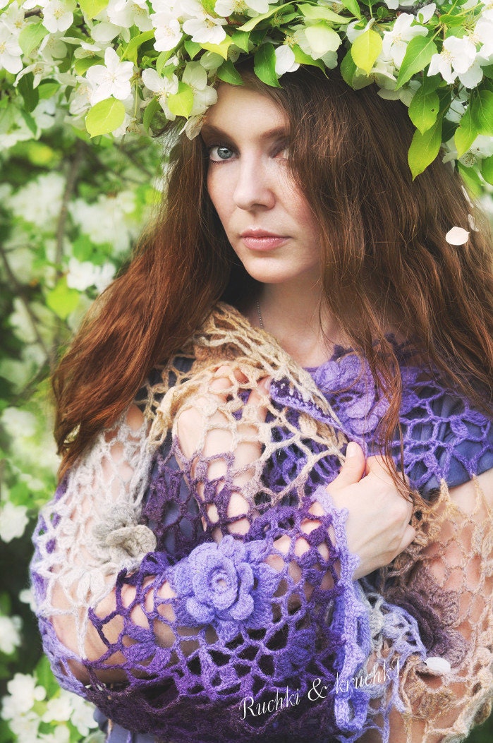 Jacket Crochet Lace Roses Flowers Long Shabby Chic Boho Gypsy "Sweet Violet's Queen" in violet amethyst beige purple sheep wool