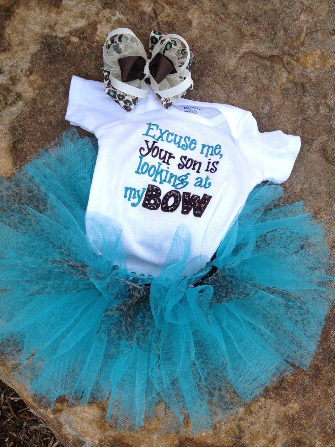 Teal and Leopard print tutu, 'Excuse me your son is looking at my bow' onesie with teal, brown, and leopard material, and matching hair bow