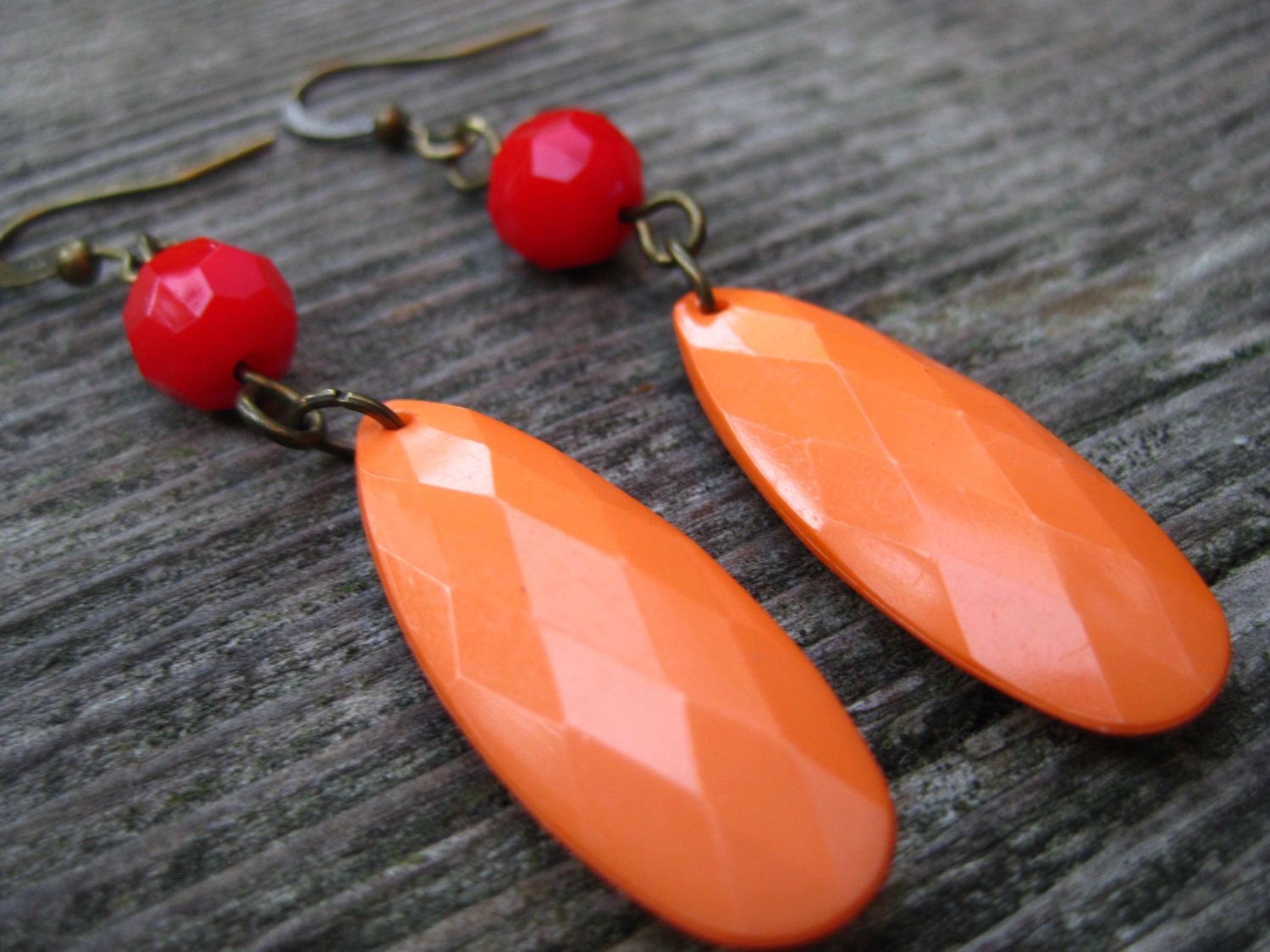 Faceted Orange Ovals with Red Faceted Bead Earrings