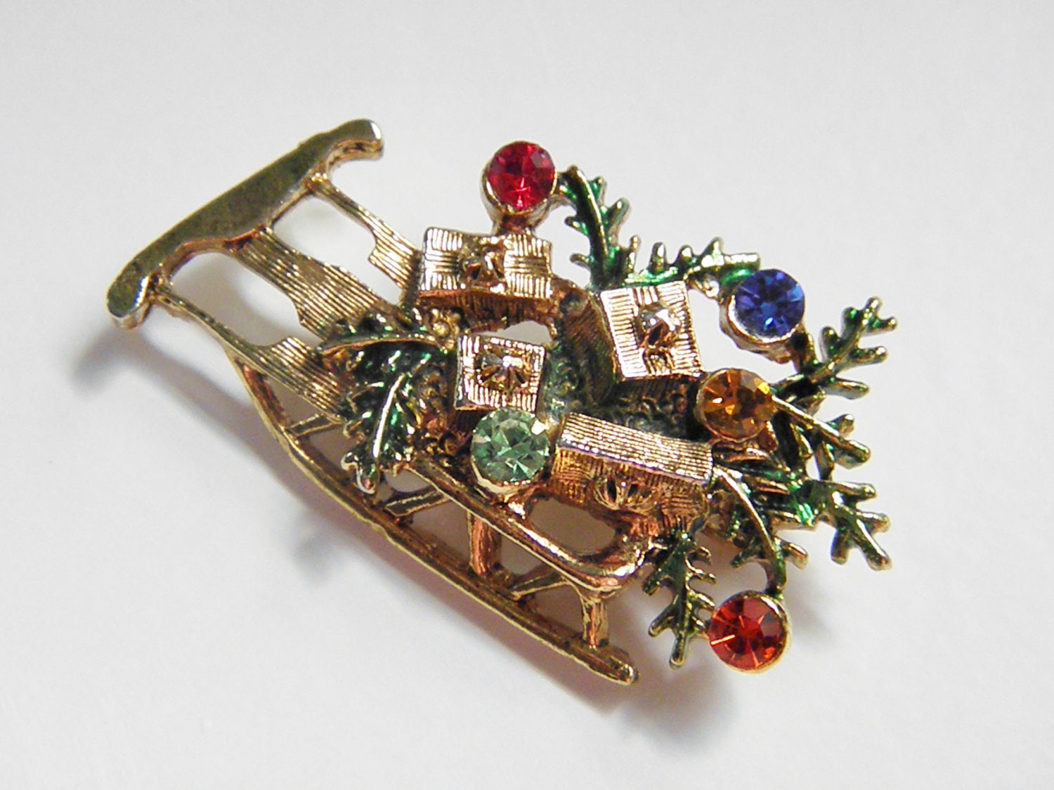Vintage Santa Sleigh Rhinestone Brooch
