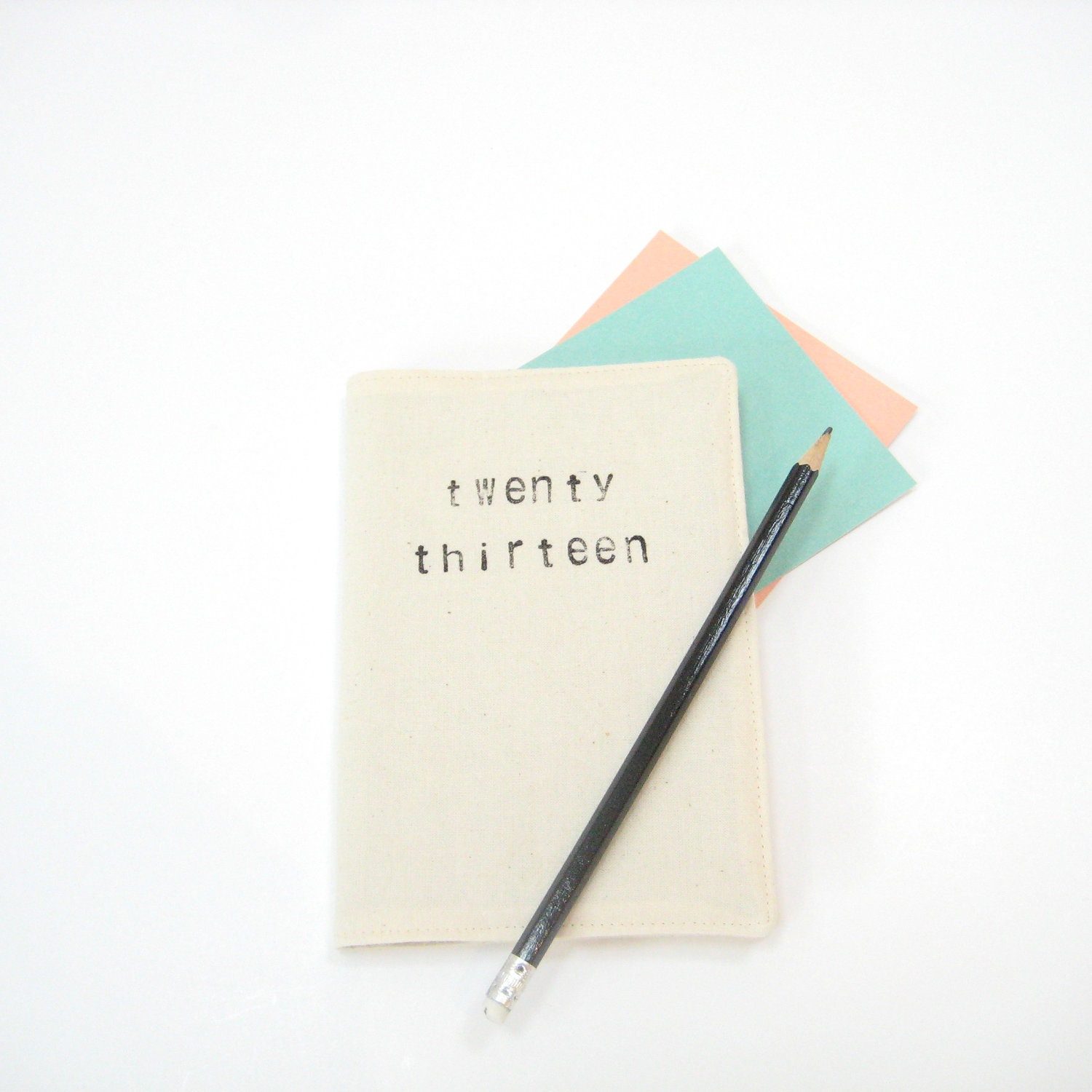 Planner for 2013 2014, cream cotton hand stamped year twenty thirteen in writing, Spring fashion gift for him her
