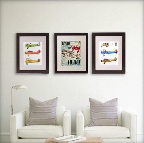 Set of Three 11x14 Aviation Giclee Prints - Learn to Fly Sign and Vintage Airplane Collections