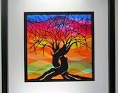 2 Trees Of Life As One Home Décor Wall Art Silhouette Paper Cutout, Rainbow Colors as Background Original Handmade Design Framed Signed OOAK