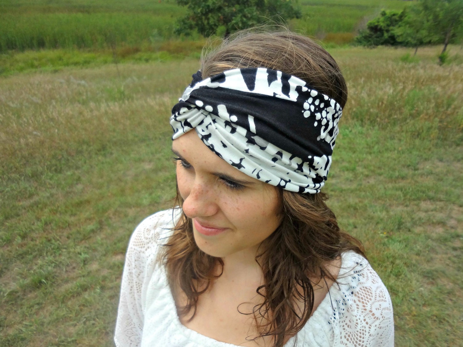Tribal Twisted Turban Headband Boho Black and White