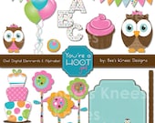 Owl Clip Art Digital Scrapbook Element Pack baby girl pink - Instant Download