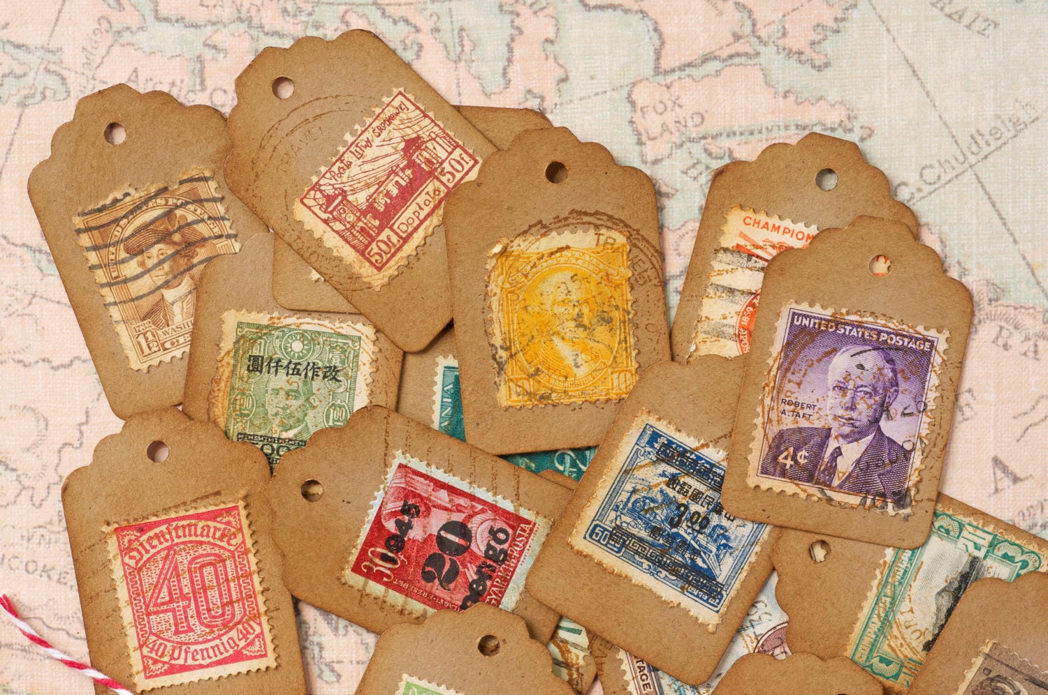 Kraft tags vintage postal stamp. set of 10 gift tags size 1.25 by 1.75 . brown paper small tag . red bakers twine