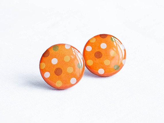Orange button earrings - polka dot jewelry, bright, colorful, large stud earrings, big post earrings