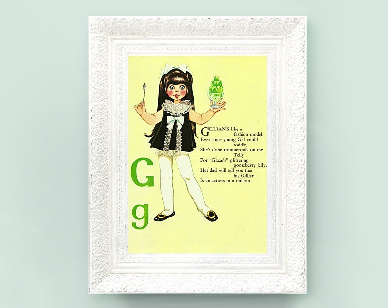 Vintage Nursery Rhyme Print. Letter G vintage alphabet print for babys bedroom. 8x10 gillian Vintage Nursery Print Grahame Johnstone