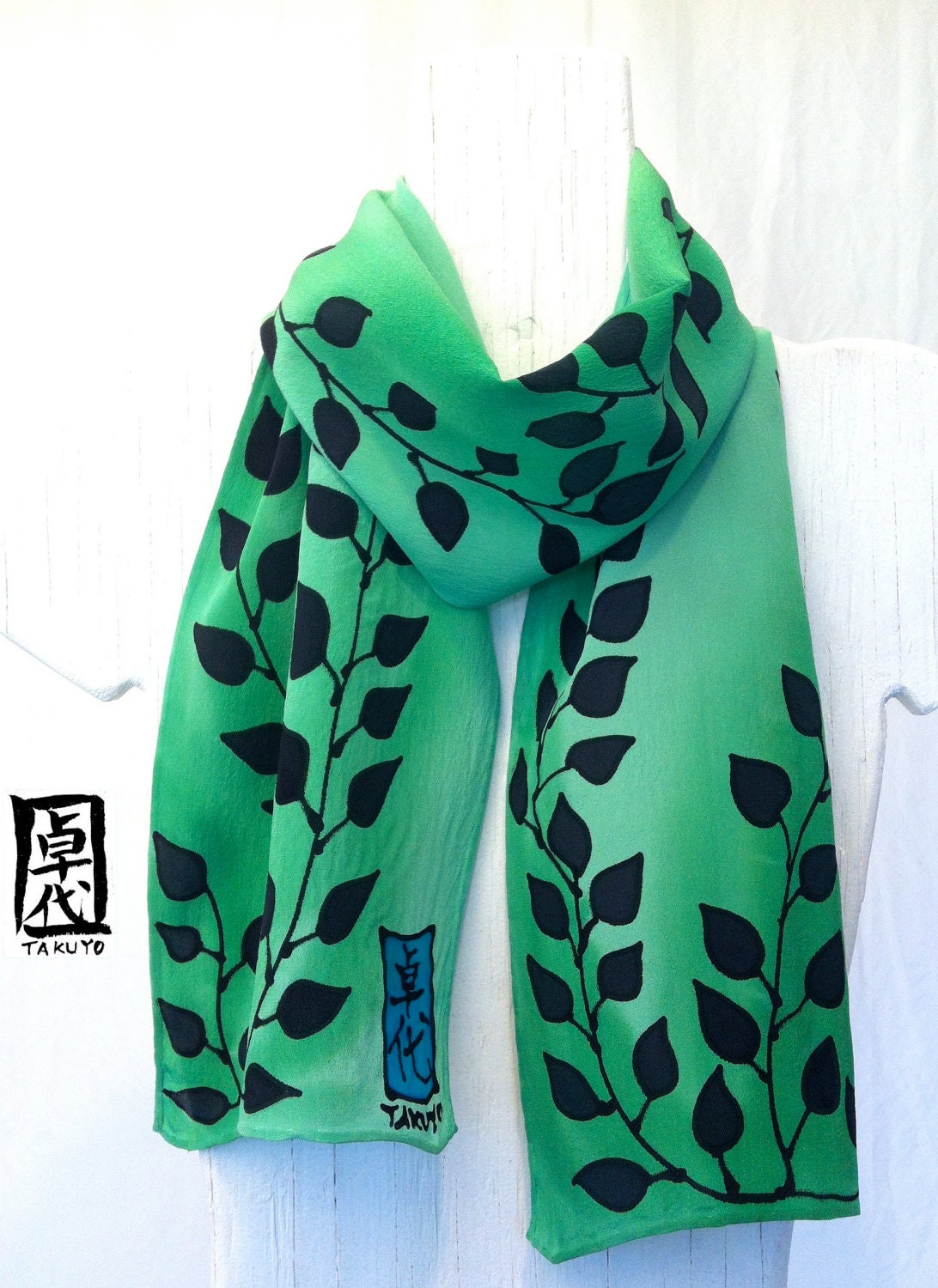 Green Silk Scarf Hand Painted, Japanese Scarf, Fern Green Leaves. Silk Scarves Takuyo. Made in USA. Silk Crepe. Silk Dye. 8x52 in.