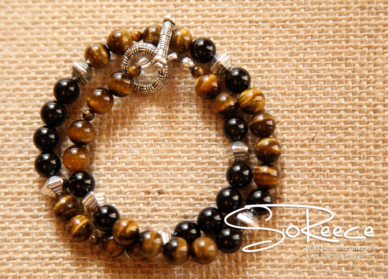 MEN - Genuine Gemstone - bracelet/necklace - Black Onyx and Tiger's eye