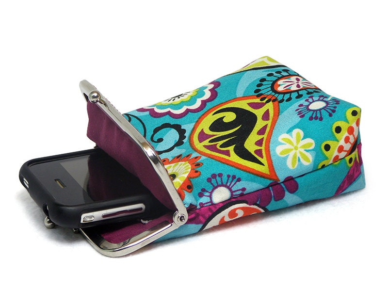 Fabric IPhone Case / Fabric Cigarette Case - Colorful Paisley - Women Gift - Silver Frame