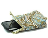 IPhone 5 Case / Cigarette Case - 5, 4, 4S, 3GS, Large Cell Phone - Paisley Brown, Blue and White 100% cotton - Antique Bronze Frame