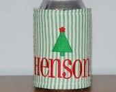 Custom Boutique Christmas Seersucker Personalized Monogrammed Insulated Drink Can Koozie Cozy Coozie Drink Hugger Drink Huggie Coosie Koosie