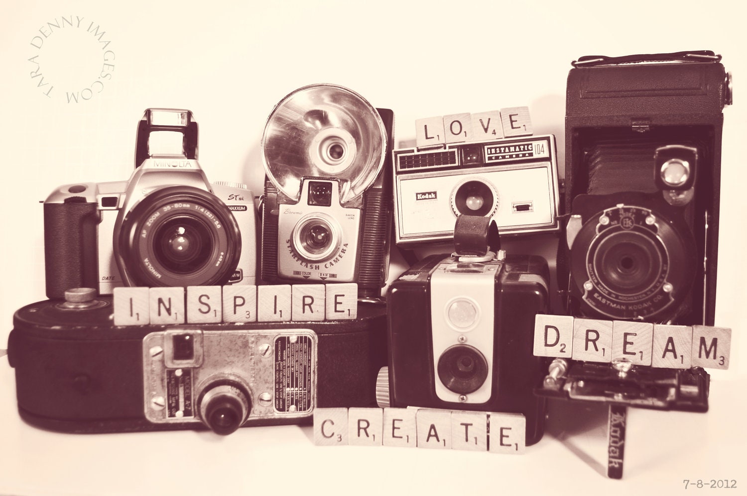 Vintage Camera Collection- Inspire, dream, create, love-  fine art  print 5x7 wall decor for the collector , photographer,