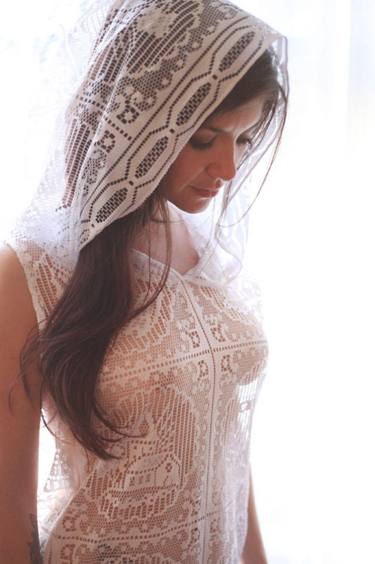 Handmade lace white shirt - hoodie - religious cross - womens clothing - lace dress - upcycled clothing - sheer dress