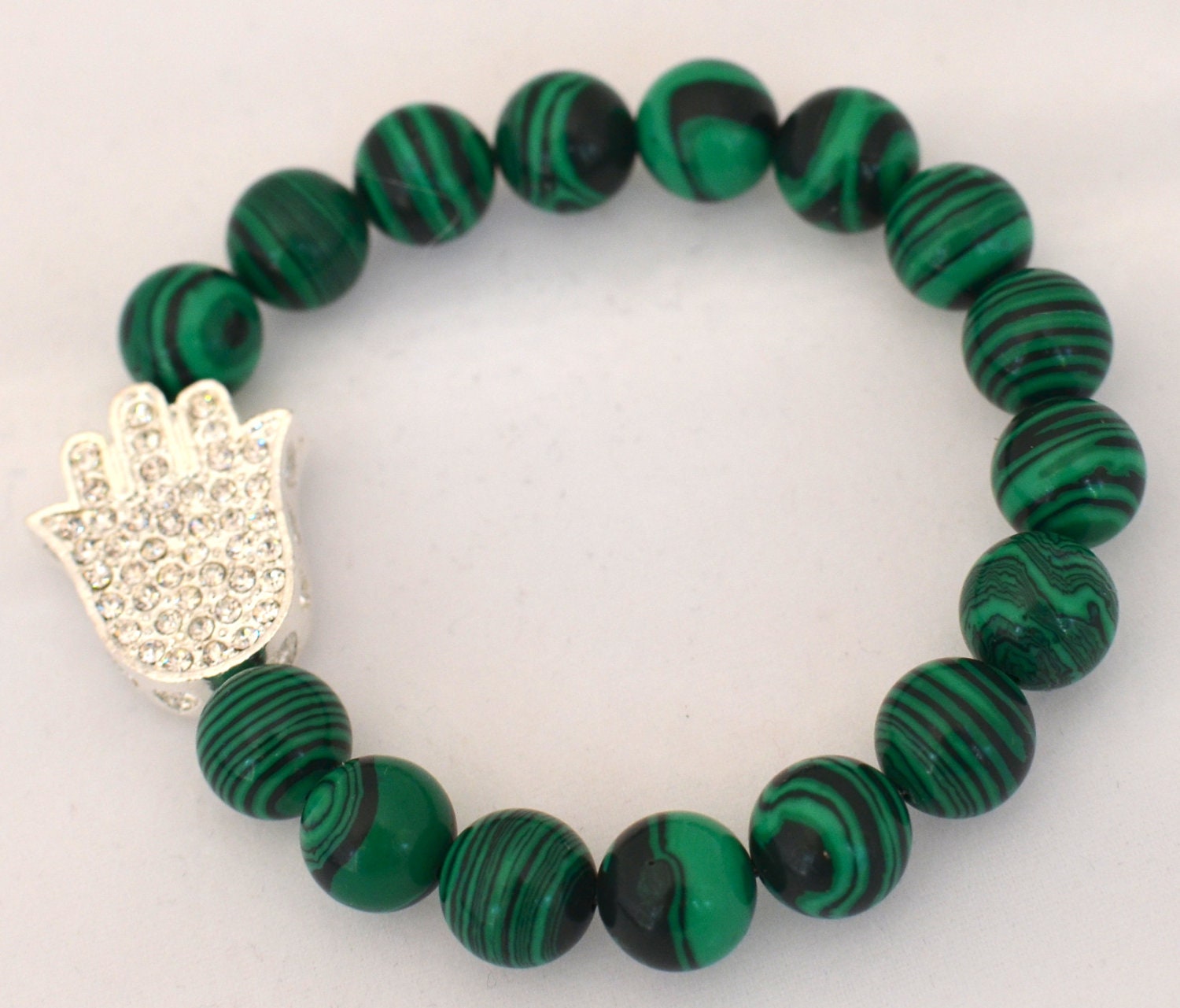 Malachite Patterned Agate Semi Precious Gemstone Beaded Bracelet with Silver Pave Rhinestone Hamsa Hand