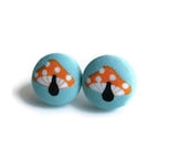 Mushroom Button Earrings Orange White Toadstool Stud Earrings Fabric Covered Button