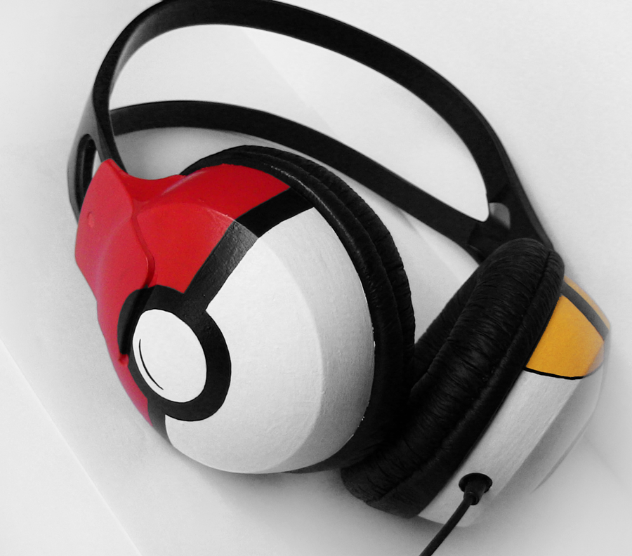 Poke-phones headphones earphones in black red and white handpainted