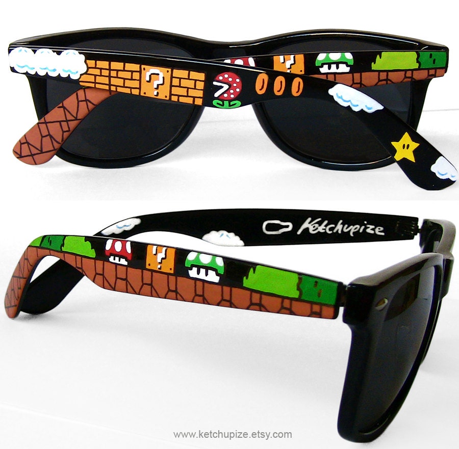 Sunglasses - Custom Wayfarer style sunglasses Super Mario unique hand painted - Piranha Plant - Question block - 1UP Mushroom