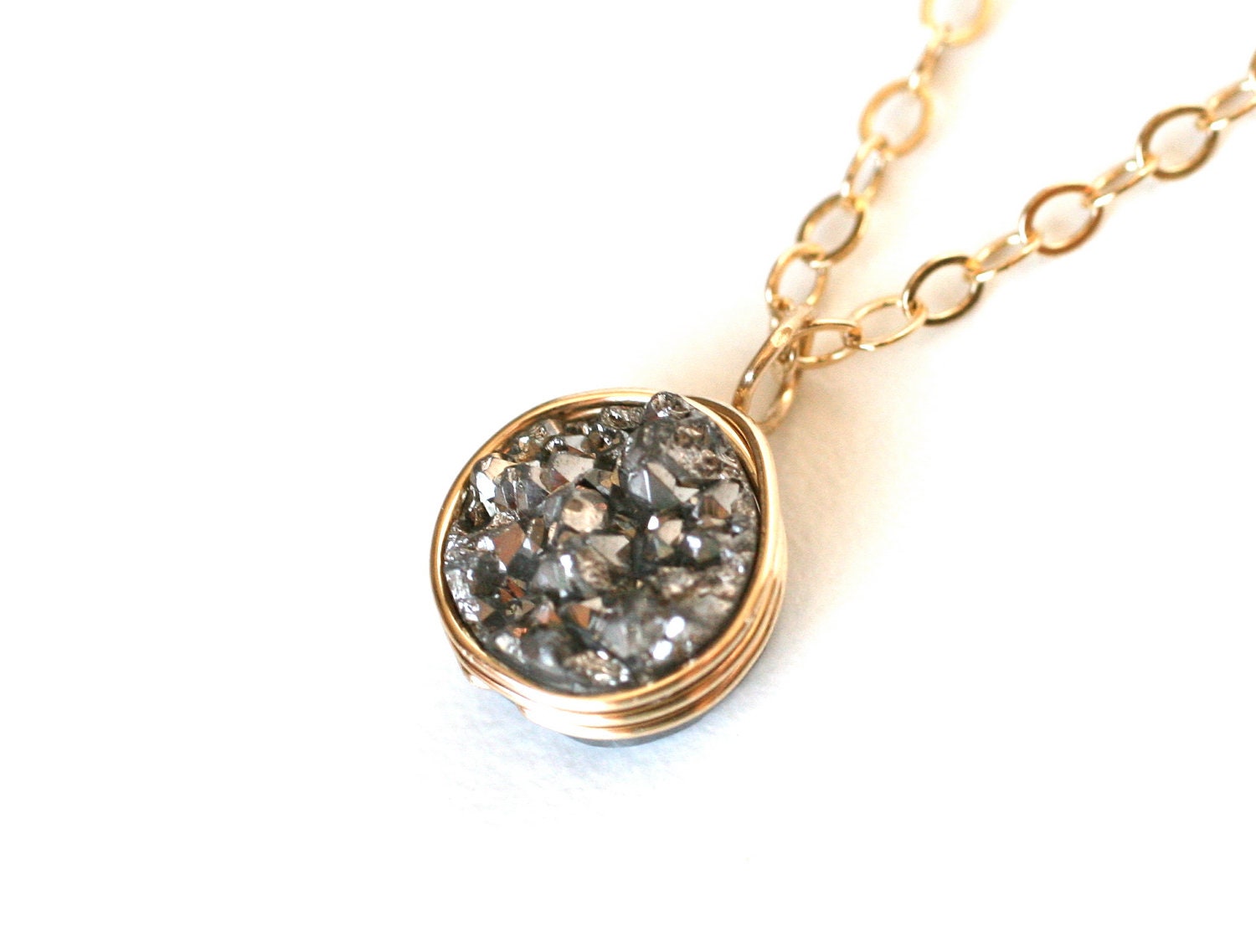 Stunning Gray Druzy Quartz Necklace Wire Wrapped 14k Gold Filled - Gift for Her