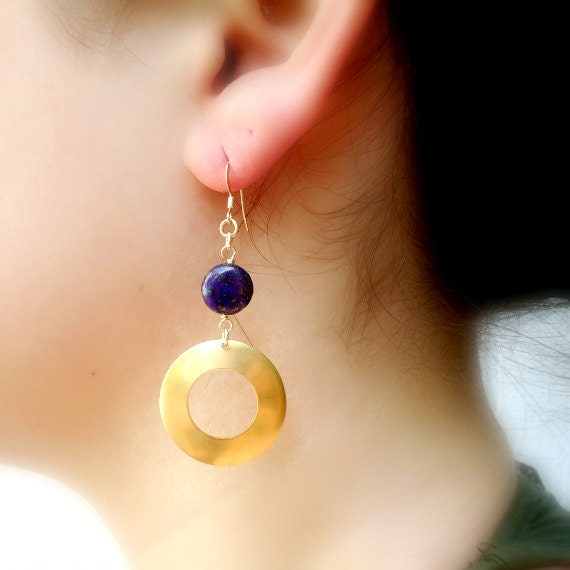 Navy Blue Earrings - Lapis Earrings - Yellow Gold Jewelry - Gemstone - Denim - Hoops ER-179
