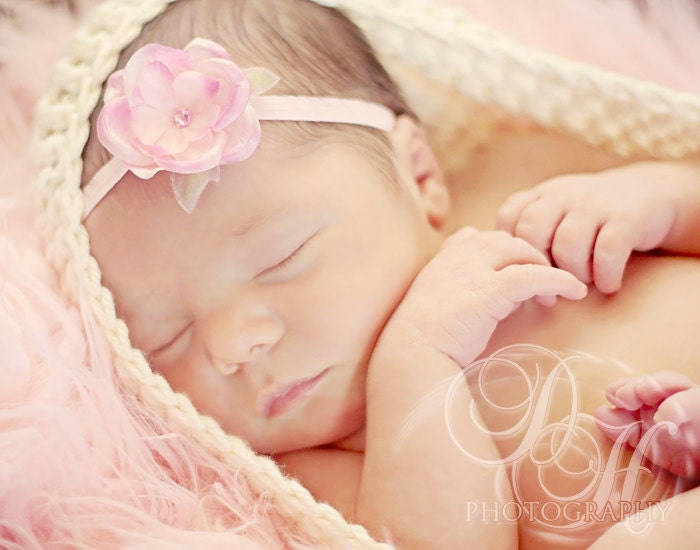 Newborn Headband, Baby Flower Headband, Baby Girl Photo Prop, Baby Headband Pink Elastic