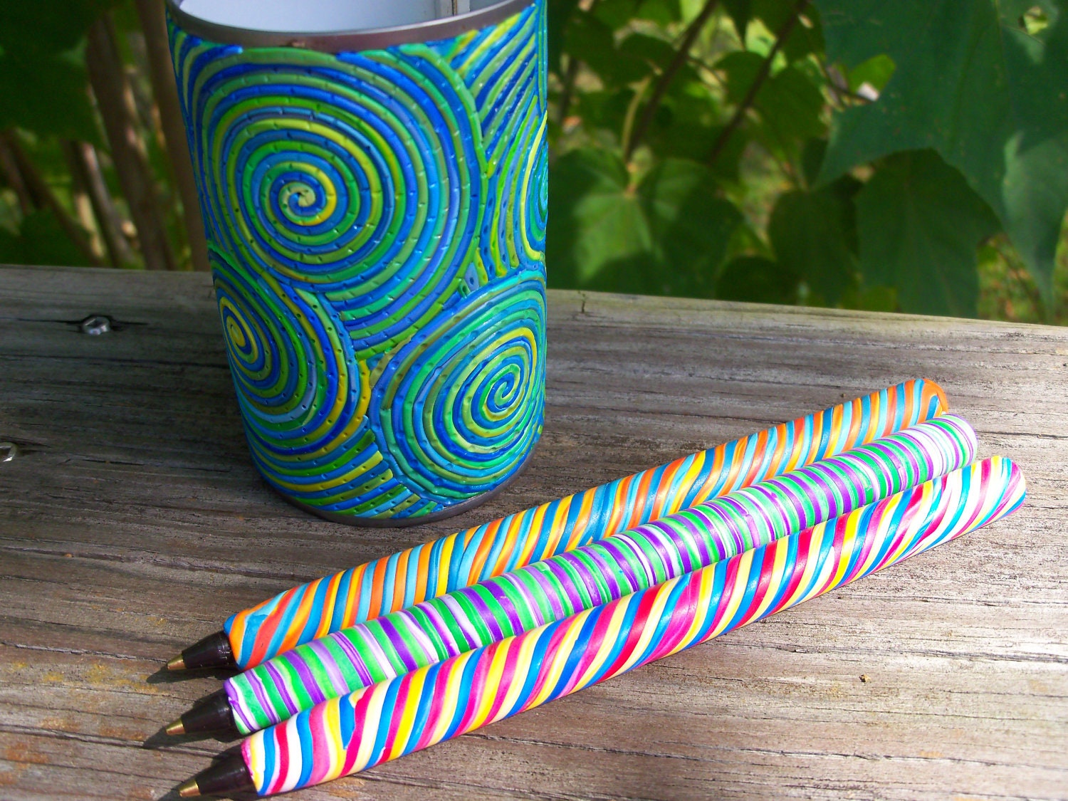 Decorative Pen Holder and Pen Set, polymer clay, upcycled pen holder, Bic pens