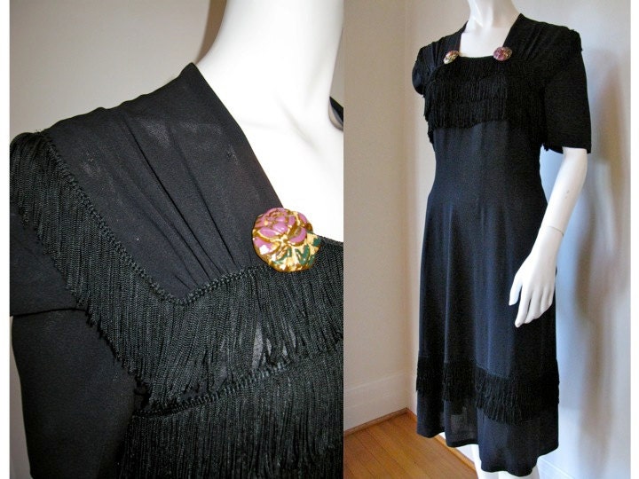 Vintage 1940s Dorsa Exclusive Originals Black Flapper Style Dress with Fringe and Flower Button Decoration at Neckline As Is