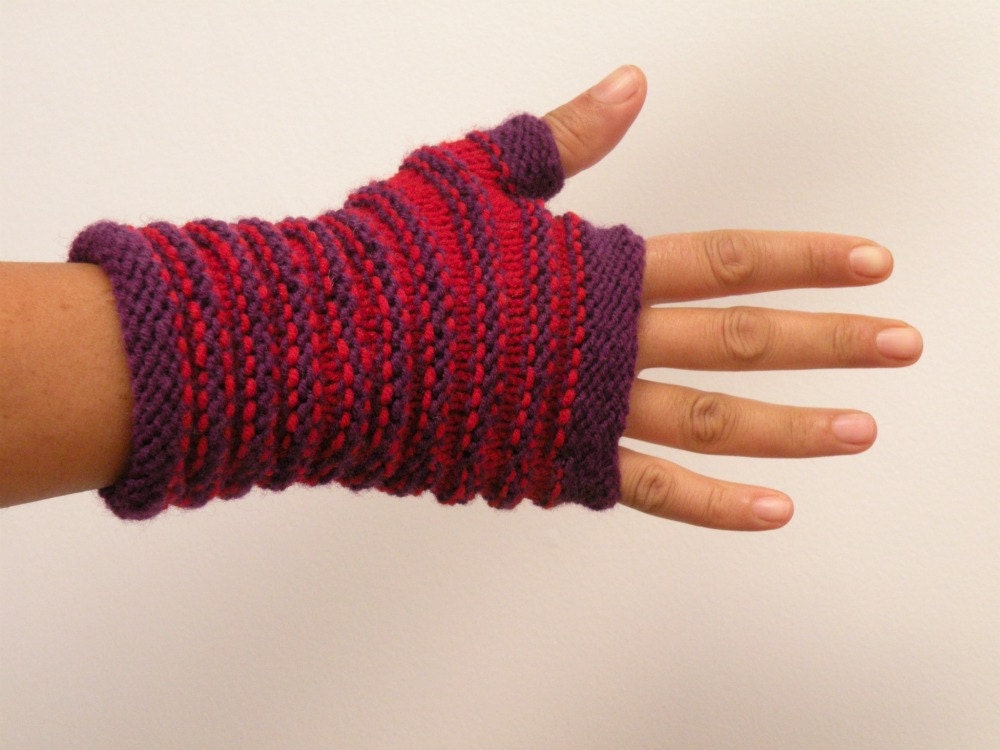 Hand Knit Fingerless Gloves - Red and Purple Ridged Mitts