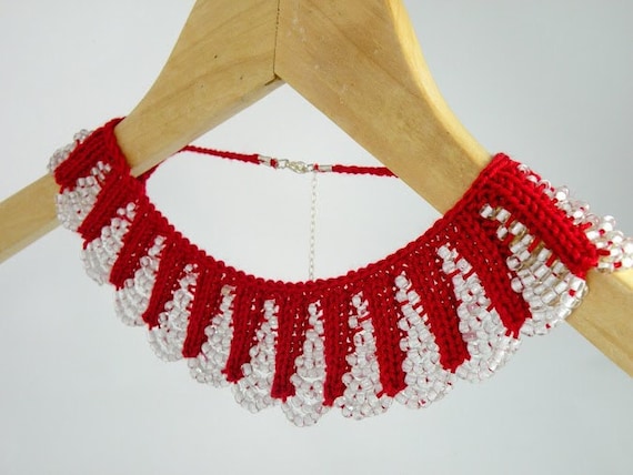 Hand Knit Red Necklace Collar with White Glass Beaded