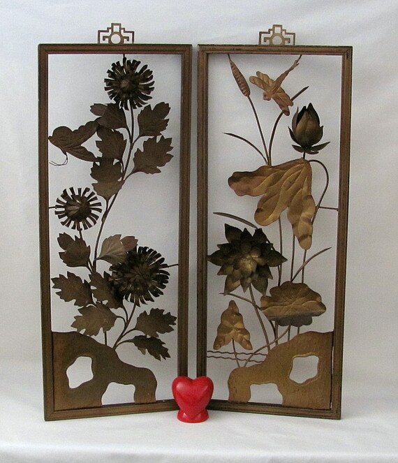 Very Vintage Pair of Wall Hangings - Oriental and Signed - Flowers and Leaves Motif - Metal Sculpture