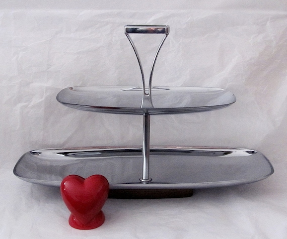 Vintage Two Tier Serving Tidbit Tray - Totally Retro - Wood Base