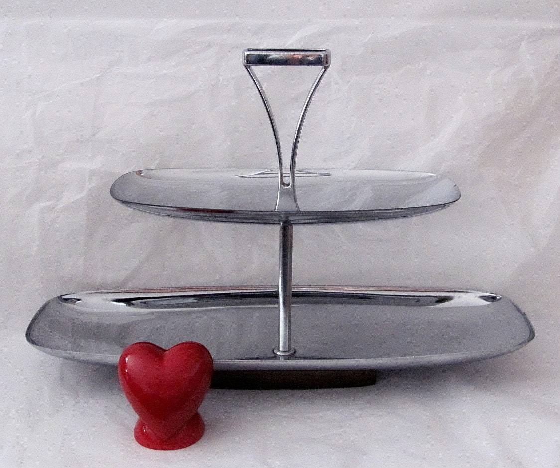 Vintage Two Tier Serving Tidbit Tray - Totally Retro - Wood Base