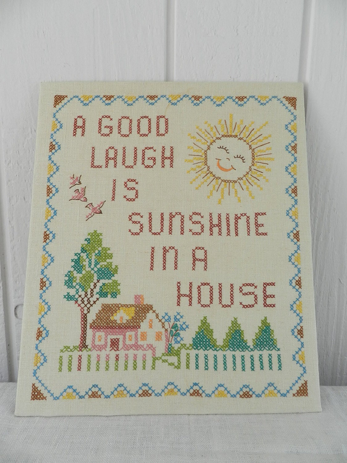 Retro Laughter and Sunshine Cross Stitch Sampler Unframed