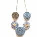 rosette necklace, jean necklace,  denim  & dusty brown rosette and yo - yo  necklace, textiles fiber necklace, original design Handmade