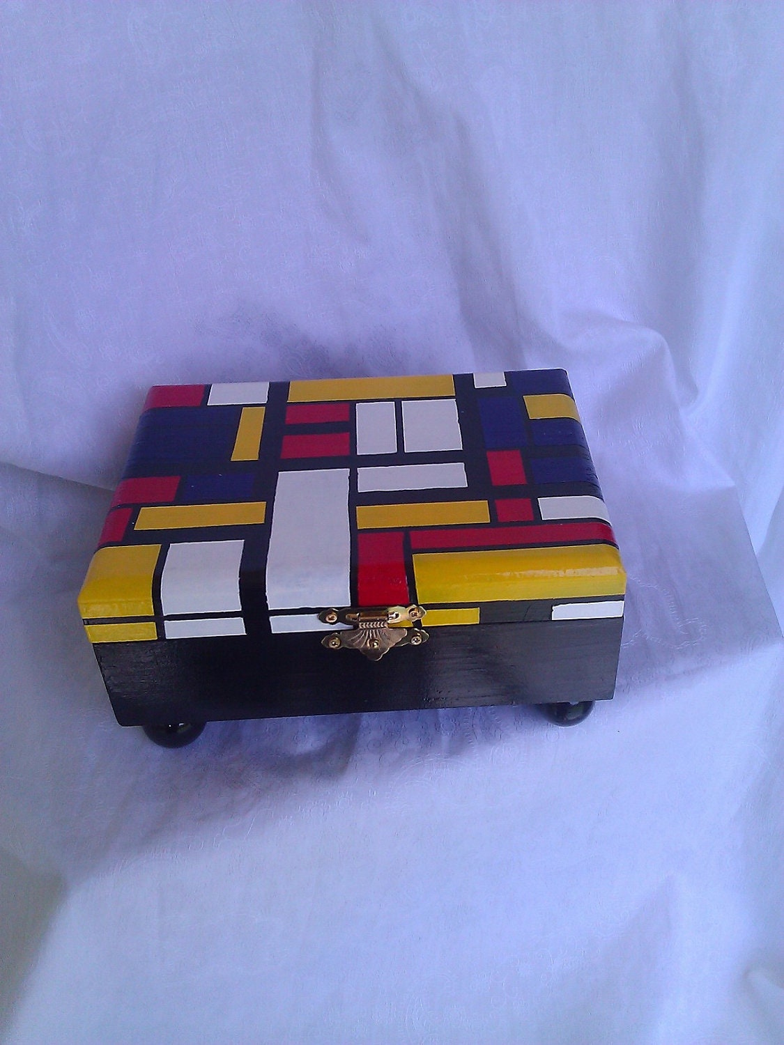 Mondrian Style Hand painted wooden jewelry box fully lined on the inside with embossed felt